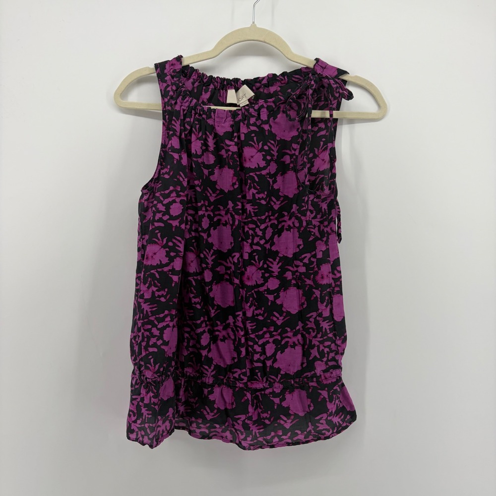 Loft Womens XS Purple Floral Silk Blend Tank Top Smocked Hem Shoulder Tie Blouse